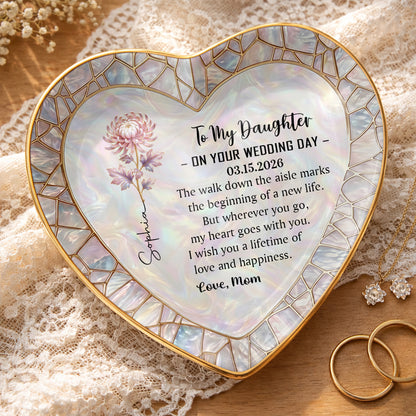 To My Daughter On Your Wedding Day Flower Heart Jewelry Dish - Personalized Custom Jewelry Dish, Ceramic Dish, Heart Shape - DAU354_HCRF