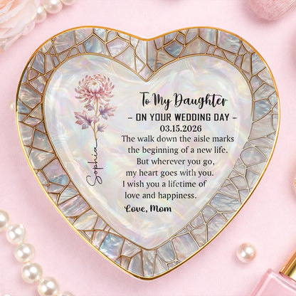 To My Daughter On Your Wedding Day Flower Heart Jewelry Dish - Personalized Custom Jewelry Dish, Ceramic Dish, Heart Shape - DAU354_HCRF