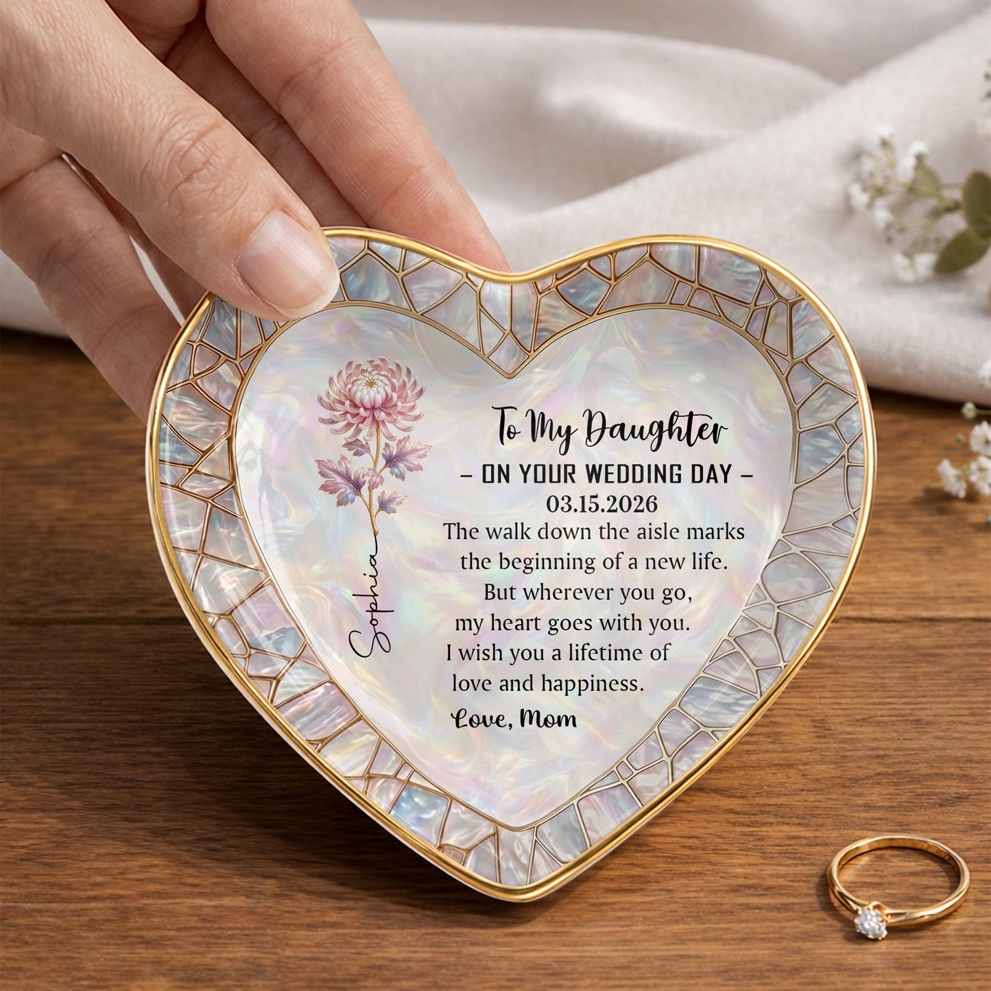 To My Daughter On Your Wedding Day Flower Heart Jewelry Dish - Personalized Custom Jewelry Dish, Ceramic Dish, Heart Shape - DAU354_HCRF