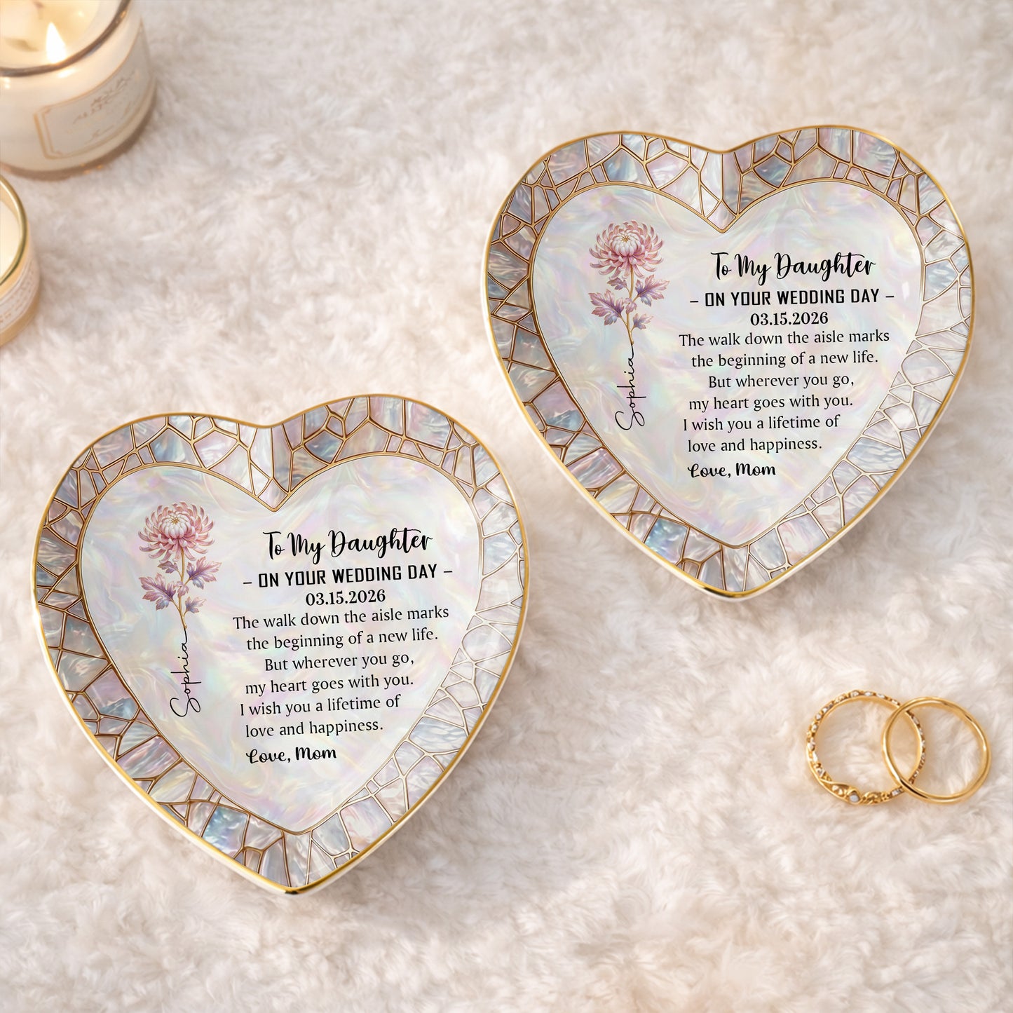 To My Daughter On Your Wedding Day Flower Heart Jewelry Dish - Personalized Custom Jewelry Dish, Ceramic Dish, Heart Shape - DAU354_HCRF