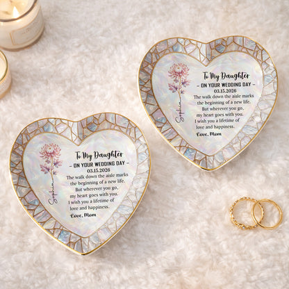 To My Daughter On Your Wedding Day Flower Heart Jewelry Dish - Personalized Custom Jewelry Dish, Ceramic Dish, Heart Shape - DAU354_HCRF