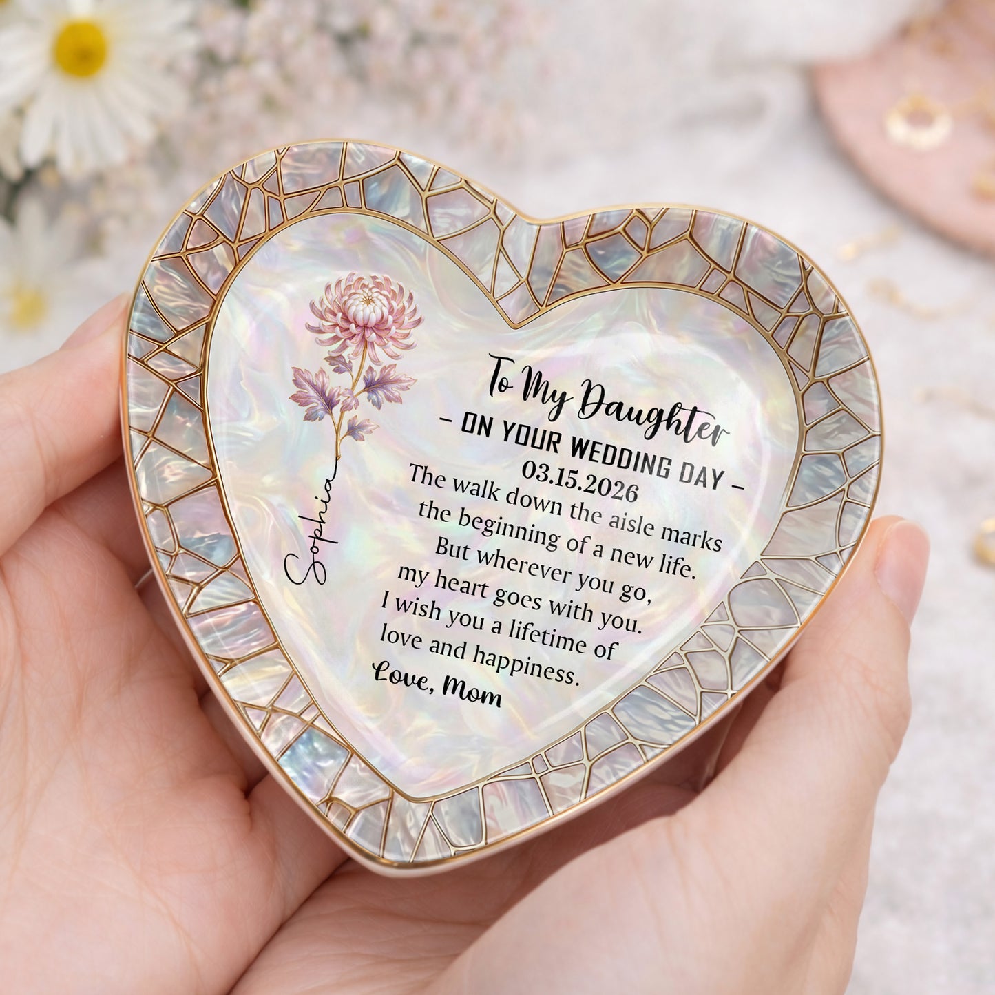 To My Daughter On Your Wedding Day Flower Heart Jewelry Dish - Personalized Custom Jewelry Dish, Ceramic Dish, Heart Shape - DAU354_HCRF