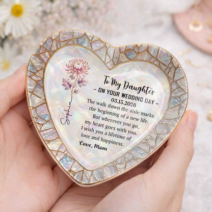 To My Daughter On Your Wedding Day Flower Heart Jewelry Dish - Personalized Custom Jewelry Dish, Ceramic Dish, Heart Shape - DAU354_HCRF
