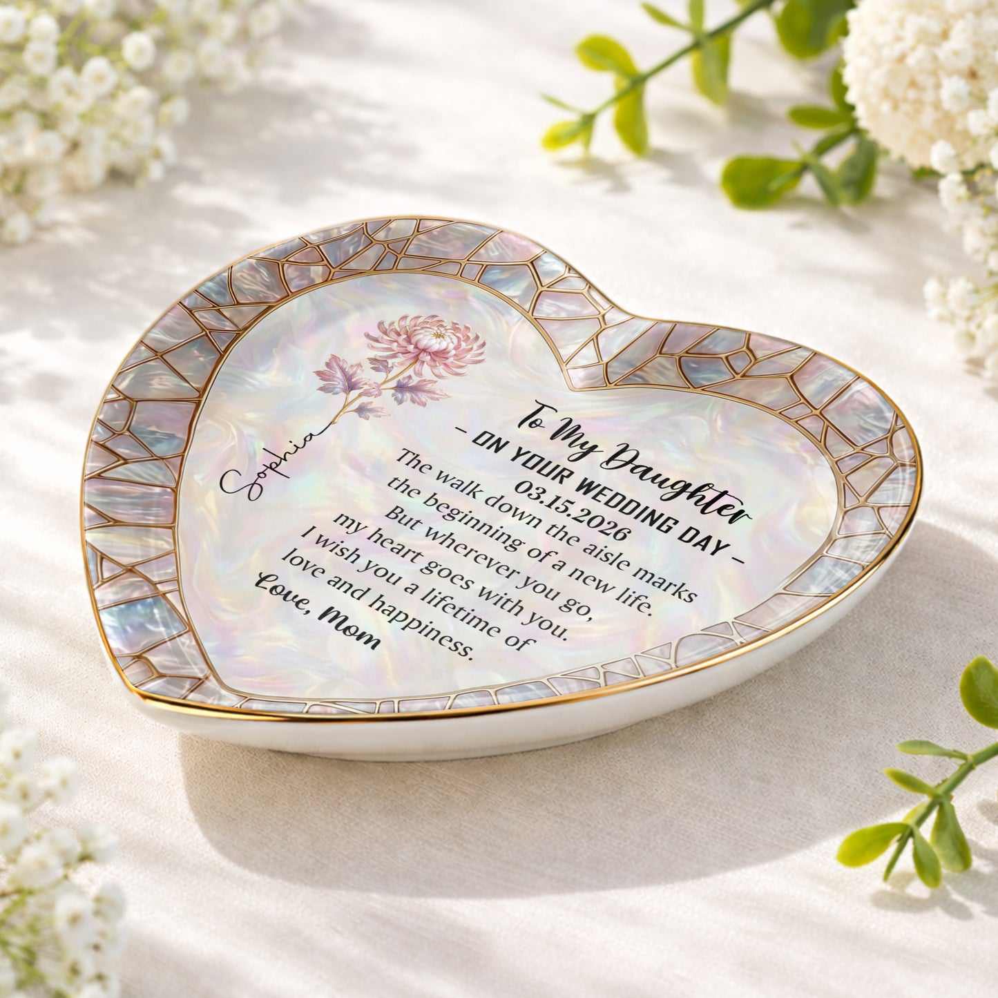 To My Daughter On Your Wedding Day Flower Heart Jewelry Dish - Personalized Custom Jewelry Dish, Ceramic Dish, Heart Shape - DAU354_HCRF