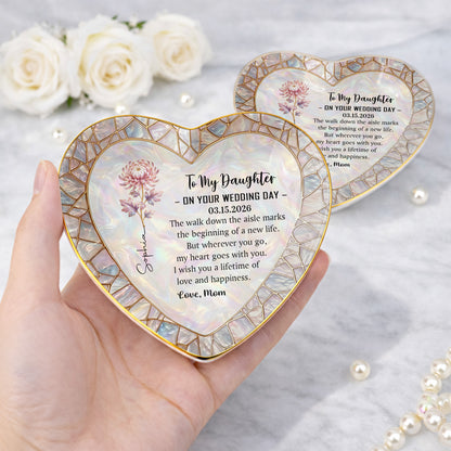 To My Daughter On Your Wedding Day Flower Heart Jewelry Dish - Personalized Custom Jewelry Dish, Ceramic Dish, Heart Shape - DAU354_HCRF