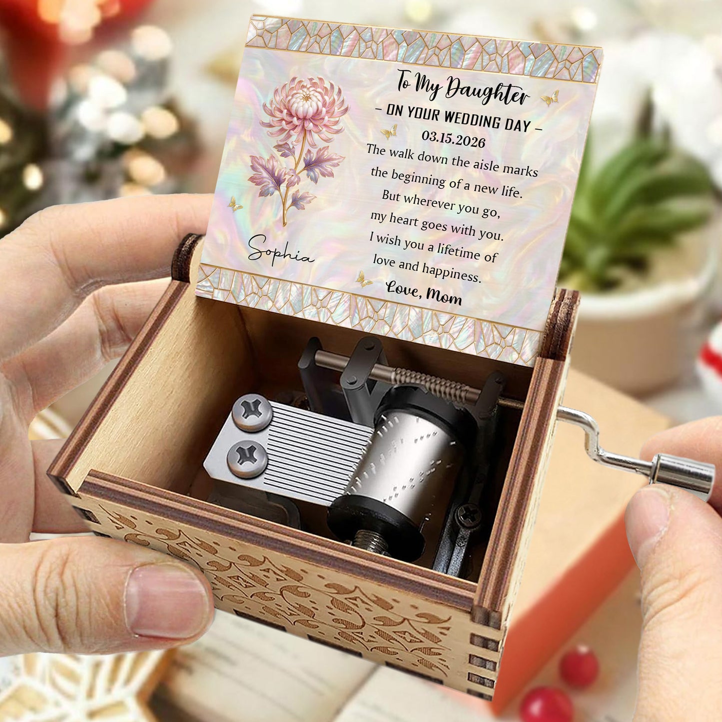 To My Daughter On Your Wedding Day Birth Month Flower Mosaic - Custom Music Box With "You Are My Sunshine" Tune - DAU354_MZB