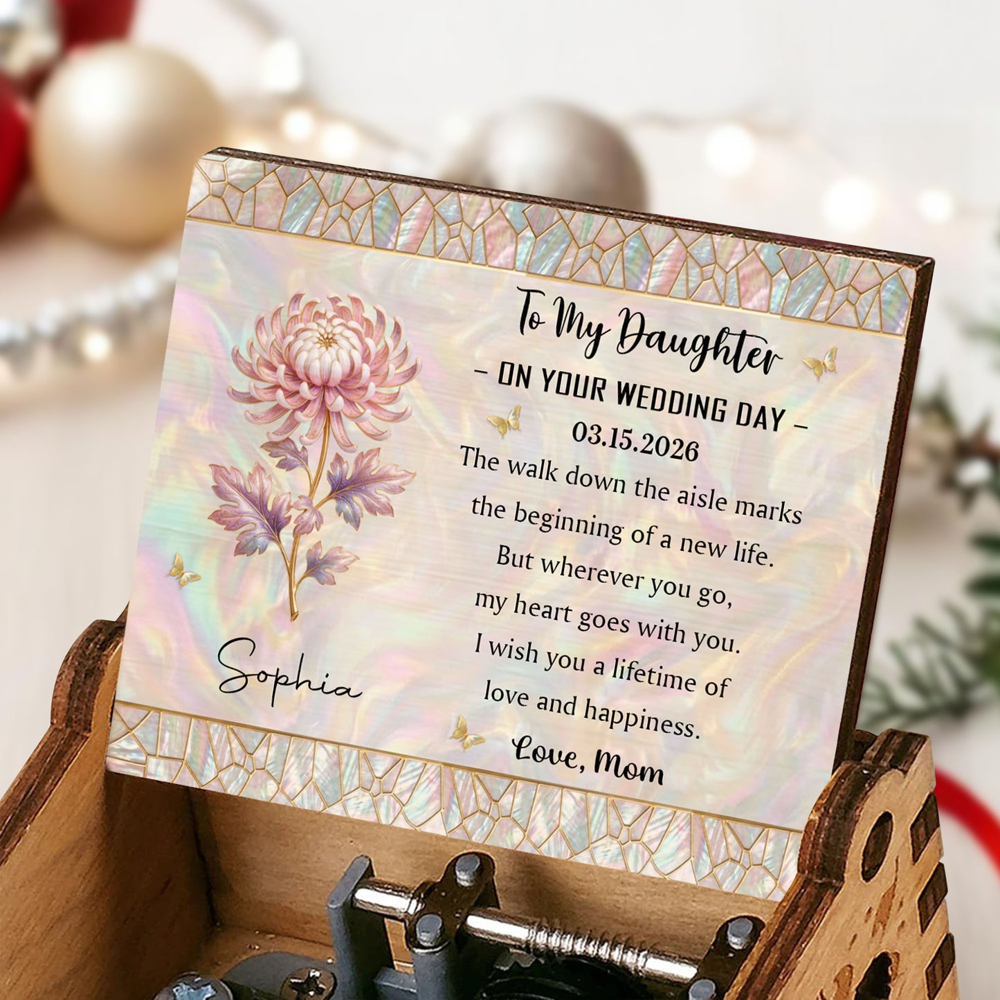 To My Daughter On Your Wedding Day Birth Month Flower Mosaic - Custom Music Box With "You Are My Sunshine" Tune - DAU354_MZB