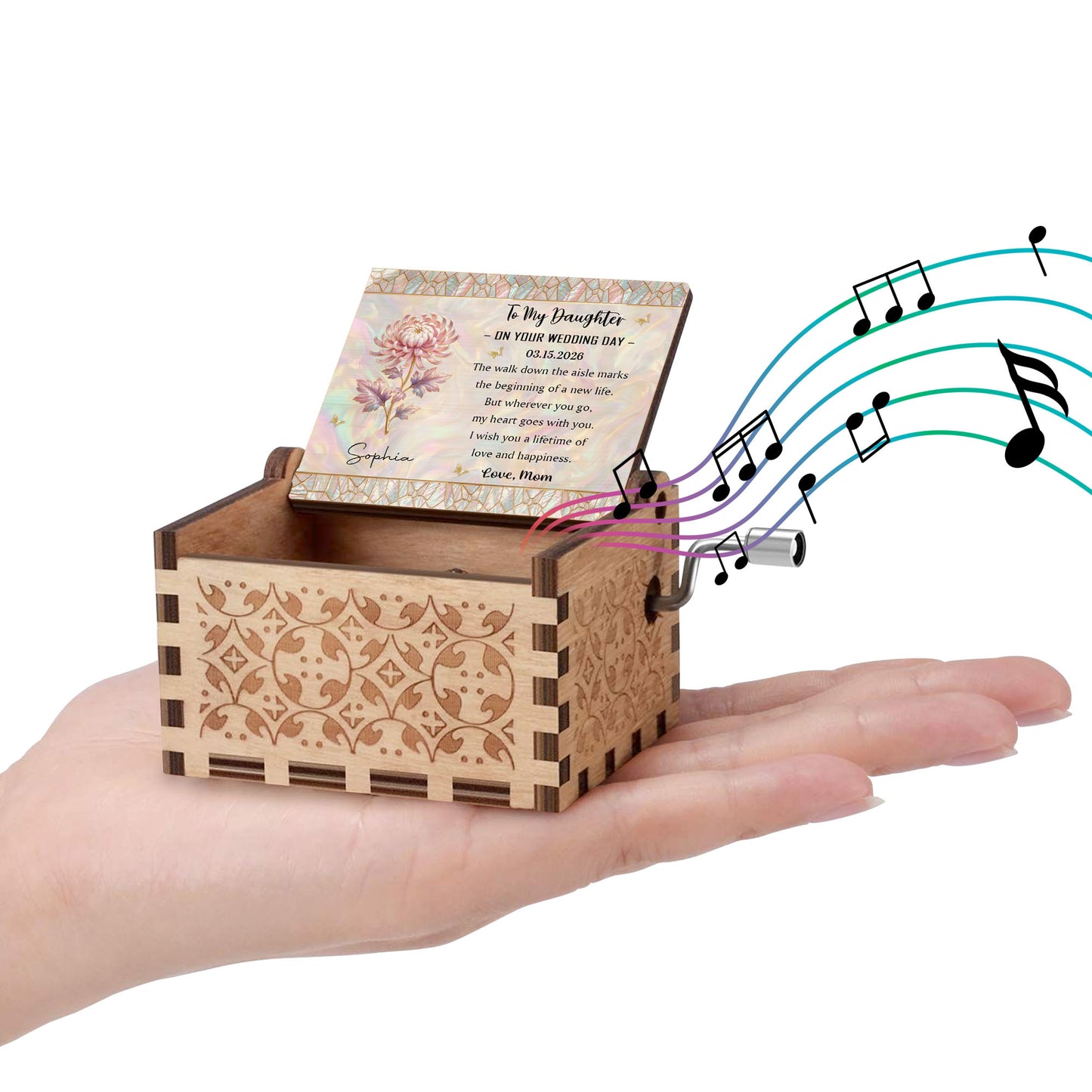 To My Daughter On Your Wedding Day Birth Month Flower Mosaic - Custom Music Box With "You Are My Sunshine" Tune - DAU354_MZB