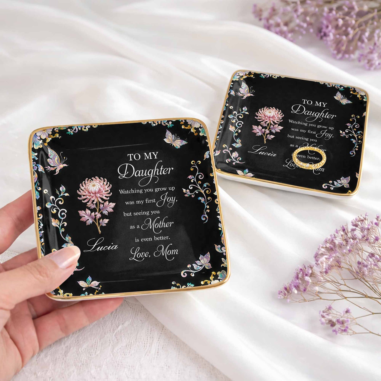 To My Daughter Watching You Grow Up Birth Month Flower Butterflies - Personalized Custom Jewelry Dish, Ceramic Dish, Square Shape - DAU355_SCRF