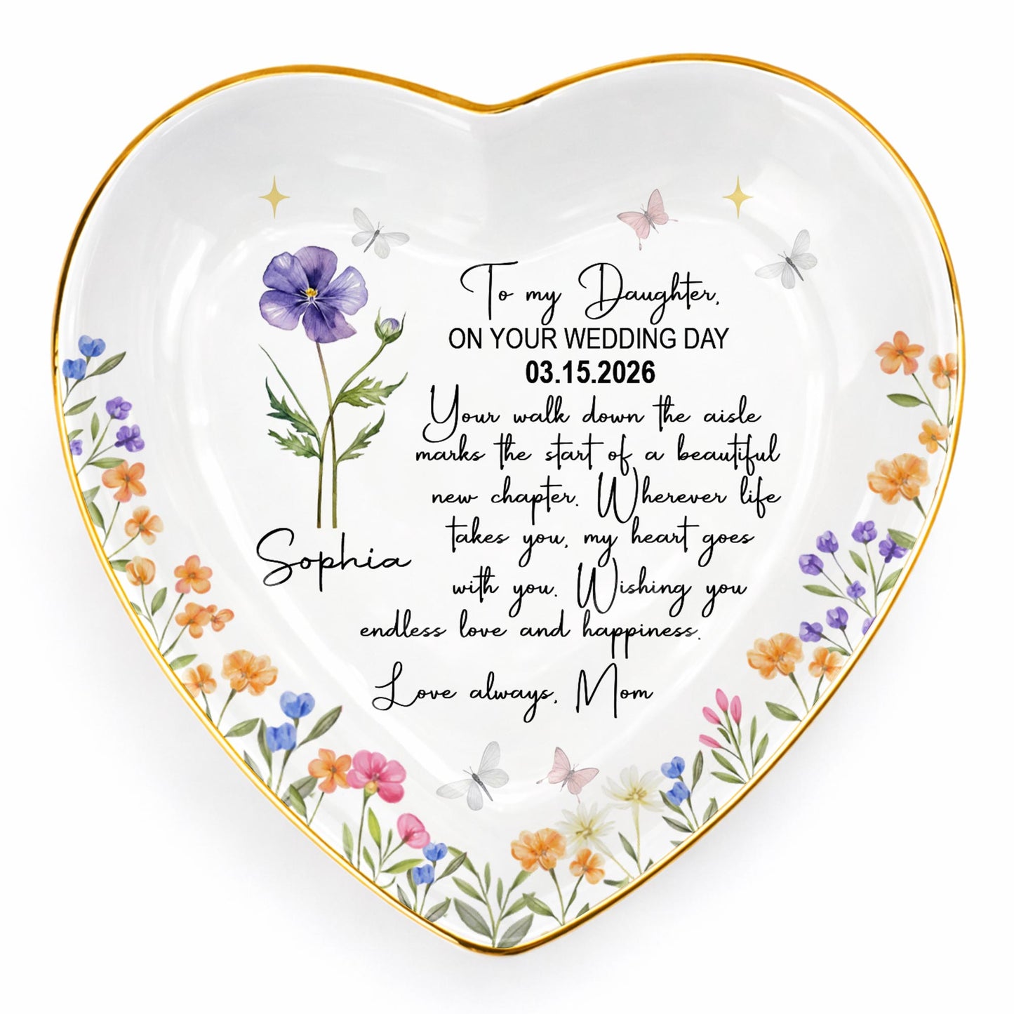 To My Daughter On Your Wedding Day Flower Butterflies Heart - Personalized Custom Jewelry Dish, Ceramic Dish, Heart Shape - DAU356_HCRF