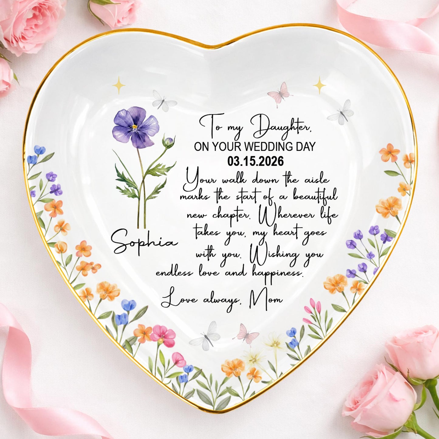 To My Daughter On Your Wedding Day Flower Butterflies Heart - Personalized Custom Jewelry Dish, Ceramic Dish, Heart Shape - DAU356_HCRF