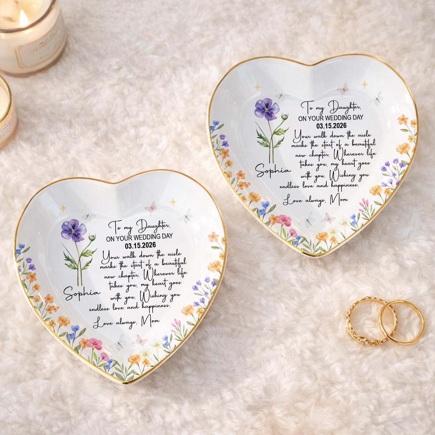To My Daughter On Your Wedding Day Flower Butterflies Heart - Personalized Custom Jewelry Dish, Ceramic Dish, Heart Shape - DAU356_HCRF