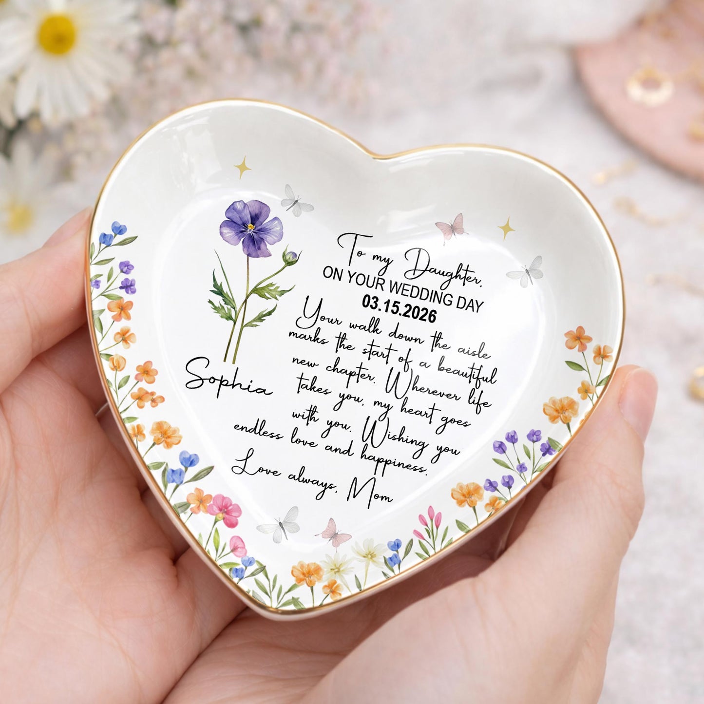 To My Daughter On Your Wedding Day Flower Butterflies Heart - Personalized Custom Jewelry Dish, Ceramic Dish, Heart Shape - DAU356_HCRF