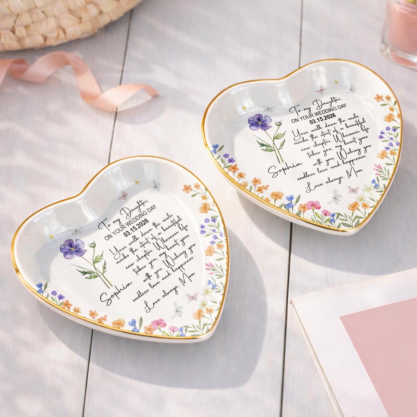 To My Daughter On Your Wedding Day Flower Butterflies Heart - Personalized Custom Jewelry Dish, Ceramic Dish, Heart Shape - DAU356_HCRF
