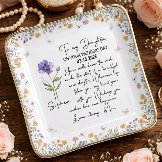 To My Daughter On Your Wedding Day With Purple Flower - Personalized Custom Jewelry Dish, Ceramic Dish, Square Shape - DAU356_SCRF