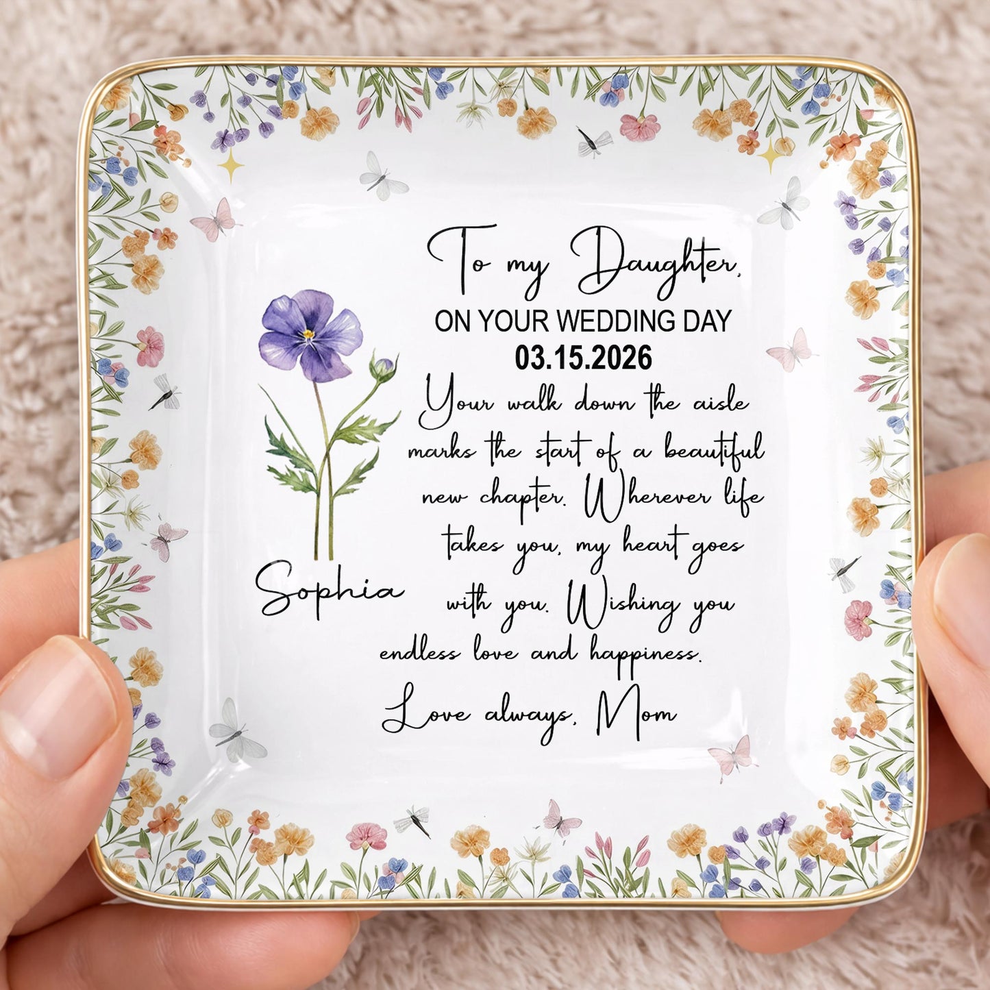 To My Daughter On Your Wedding Day With Purple Flower - Personalized Custom Jewelry Dish, Ceramic Dish, Square Shape - DAU356_SCRF