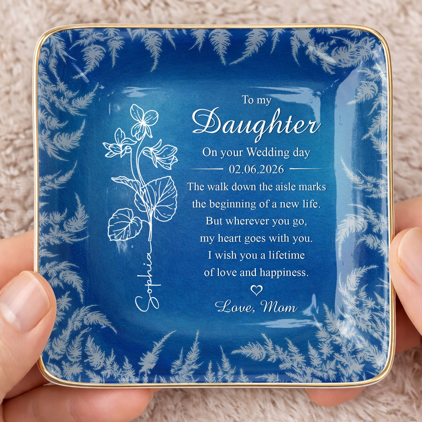 To My Daughter On My Wedding Day Birth Month Flower - Personalized Custom Jewelry Dish, Ceramic Dish, Square Shape - DAU370_SCRF