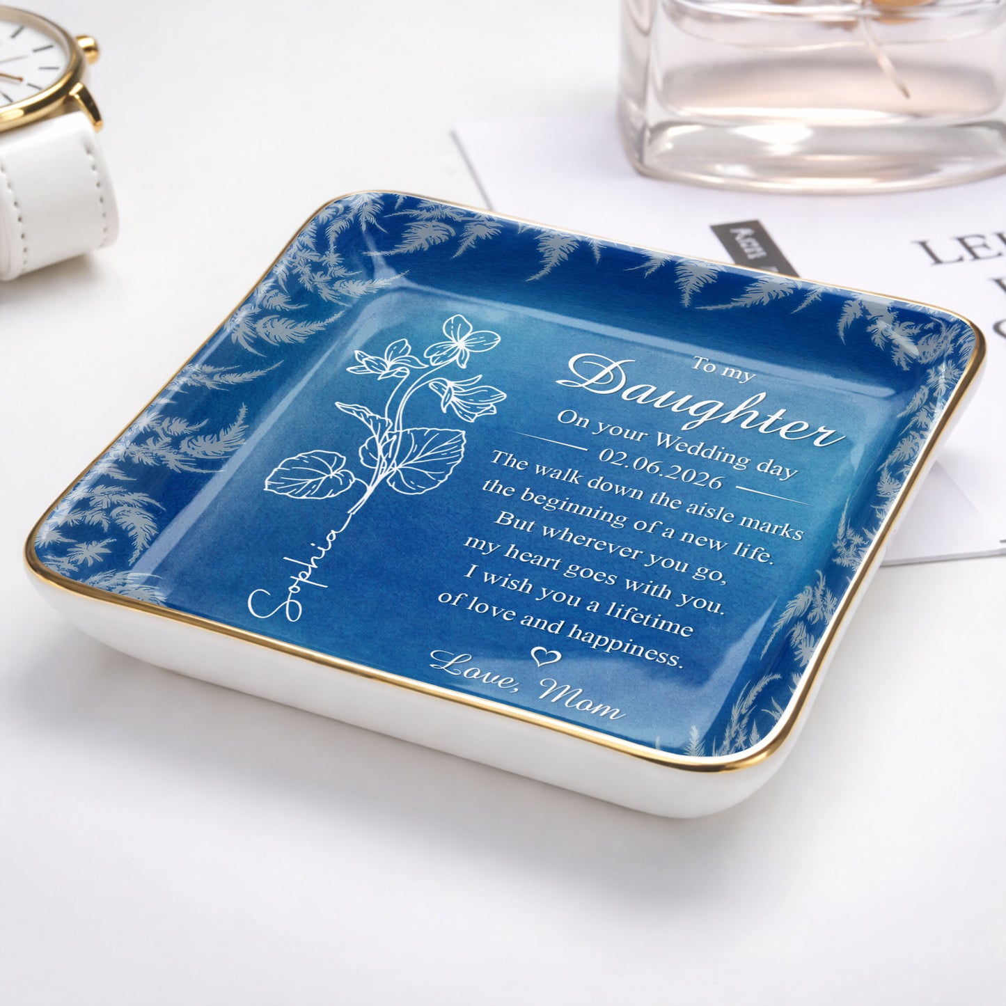 To My Daughter On My Wedding Day Birth Month Flower - Personalized Custom Jewelry Dish, Ceramic Dish, Square Shape - DAU370_SCRF