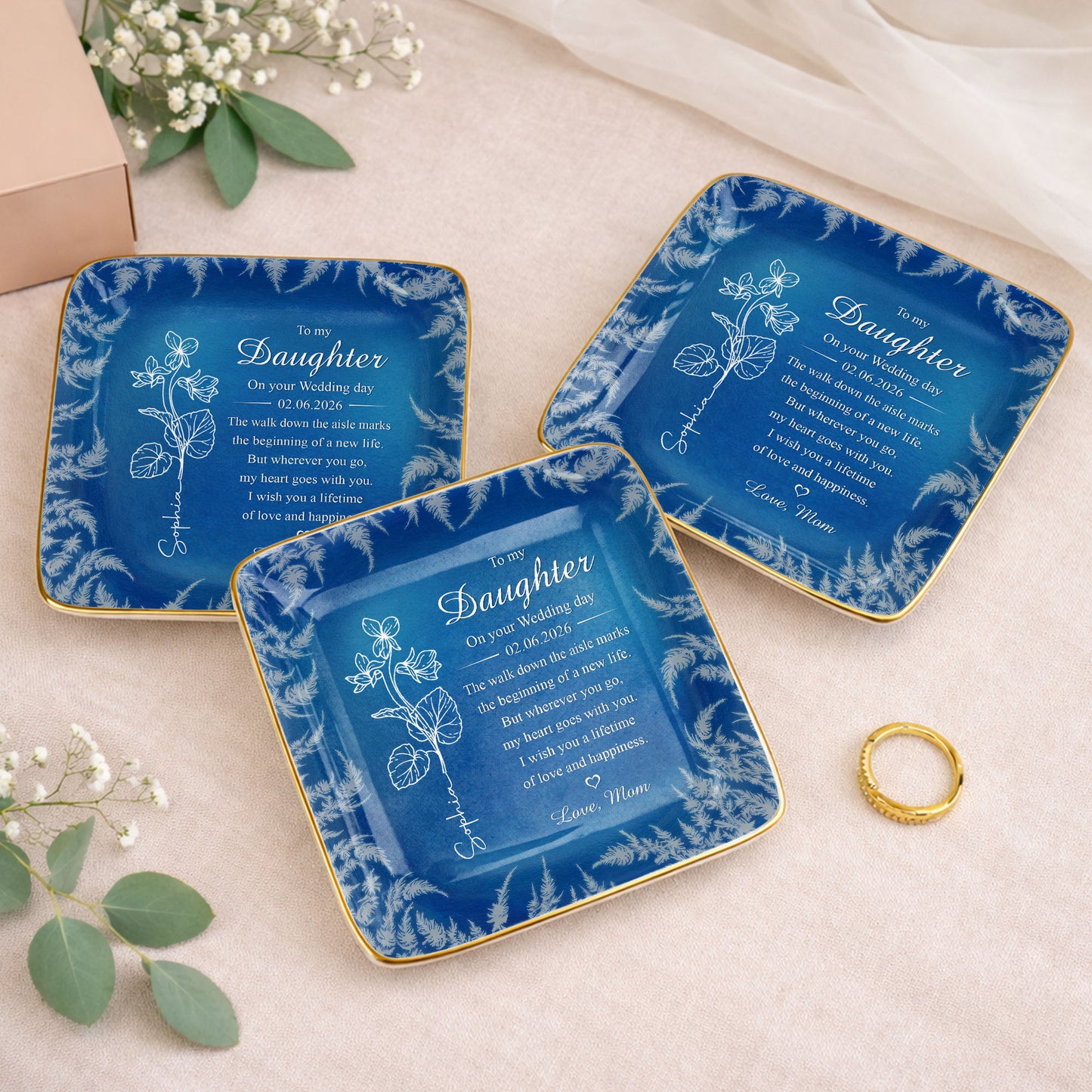 To My Daughter On My Wedding Day Birth Month Flower - Personalized Custom Jewelry Dish, Ceramic Dish, Square Shape - DAU370_SCRF