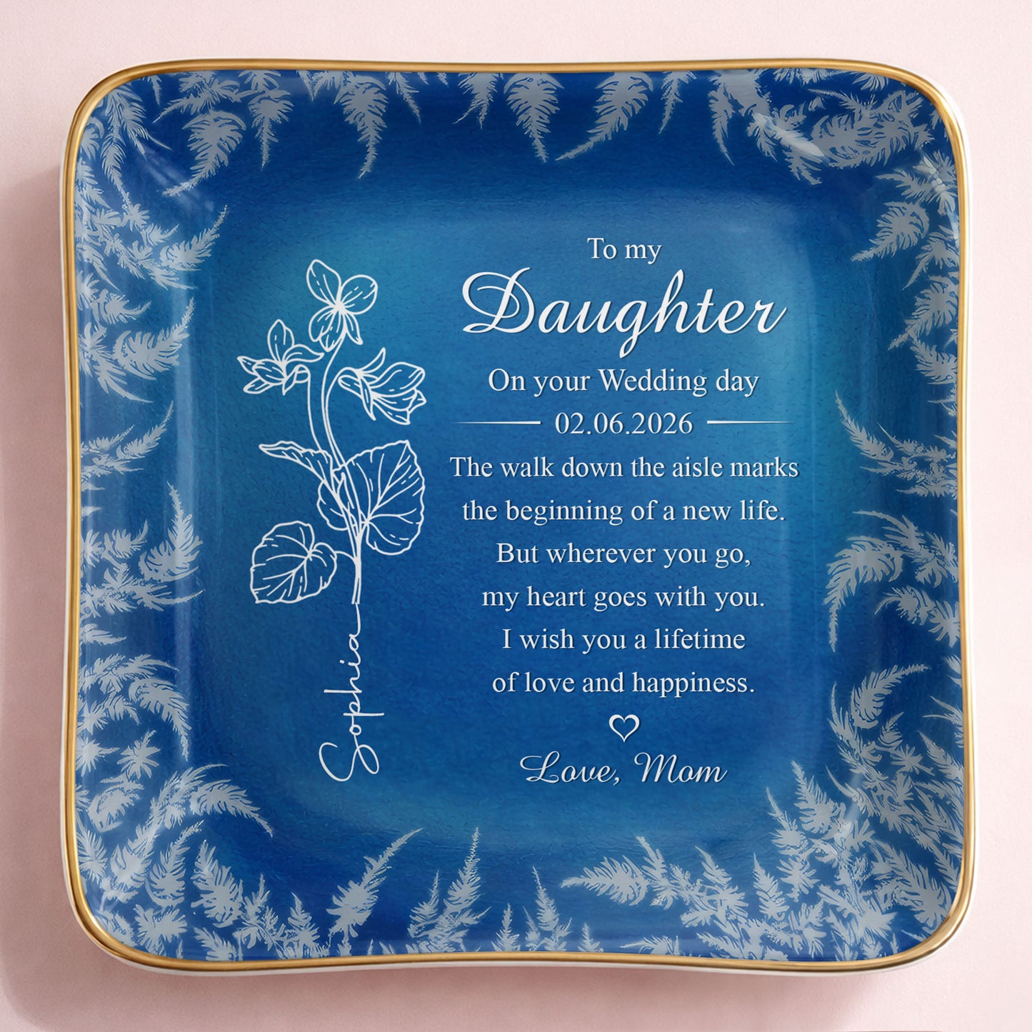 To My Daughter On My Wedding Day Birth Month Flower - Personalized Custom Jewelry Dish, Ceramic Dish, Square Shape - DAU370_SCRF