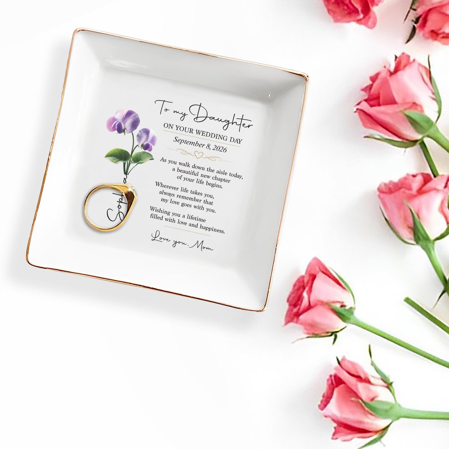 To My Daughter On Your Wedding Day Flower Jewelry Dish - Personalized Custom Jewelry Dish, Square Ceramic Dish - DAU423_SCRD