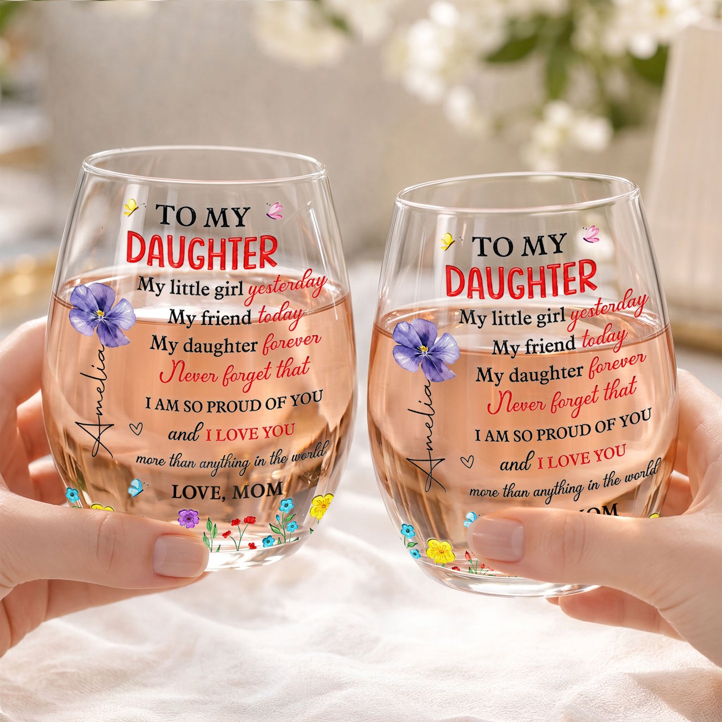 To My Daughter My Little Girl Yesterday Flower Personalized Stemless Wine Glass - Personalized Stemless Wine Glass - DAU532_WIGL