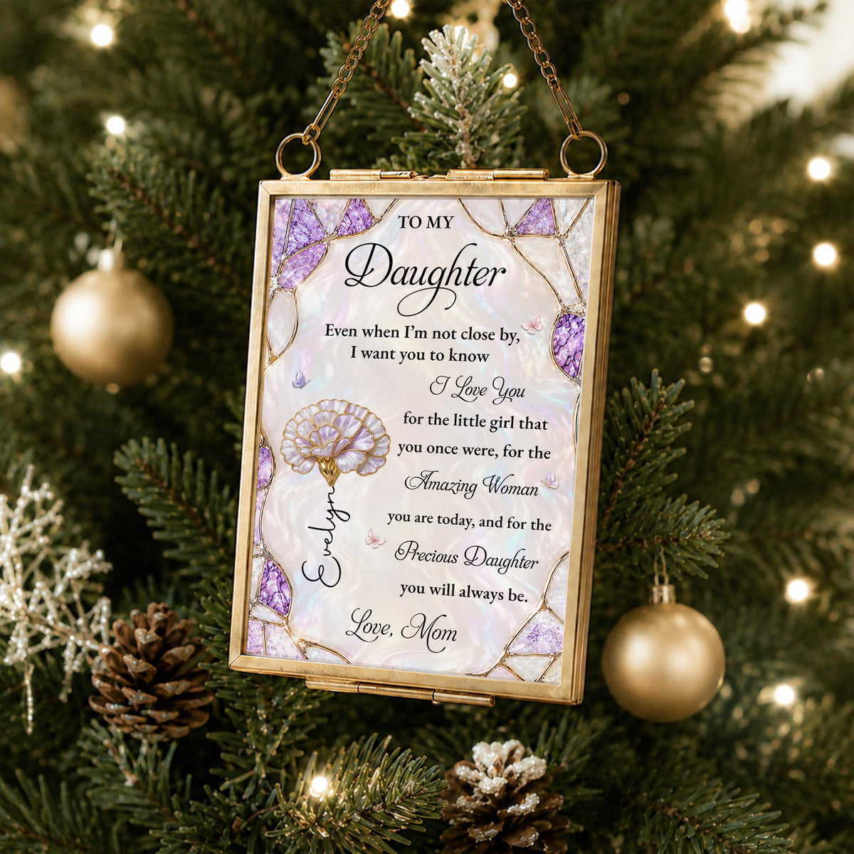 To My Daughter Amazing Woman Flower And Butterfly Stained Glass Style - Personalized Metal Frame Ornament - DAU576_GOFRO