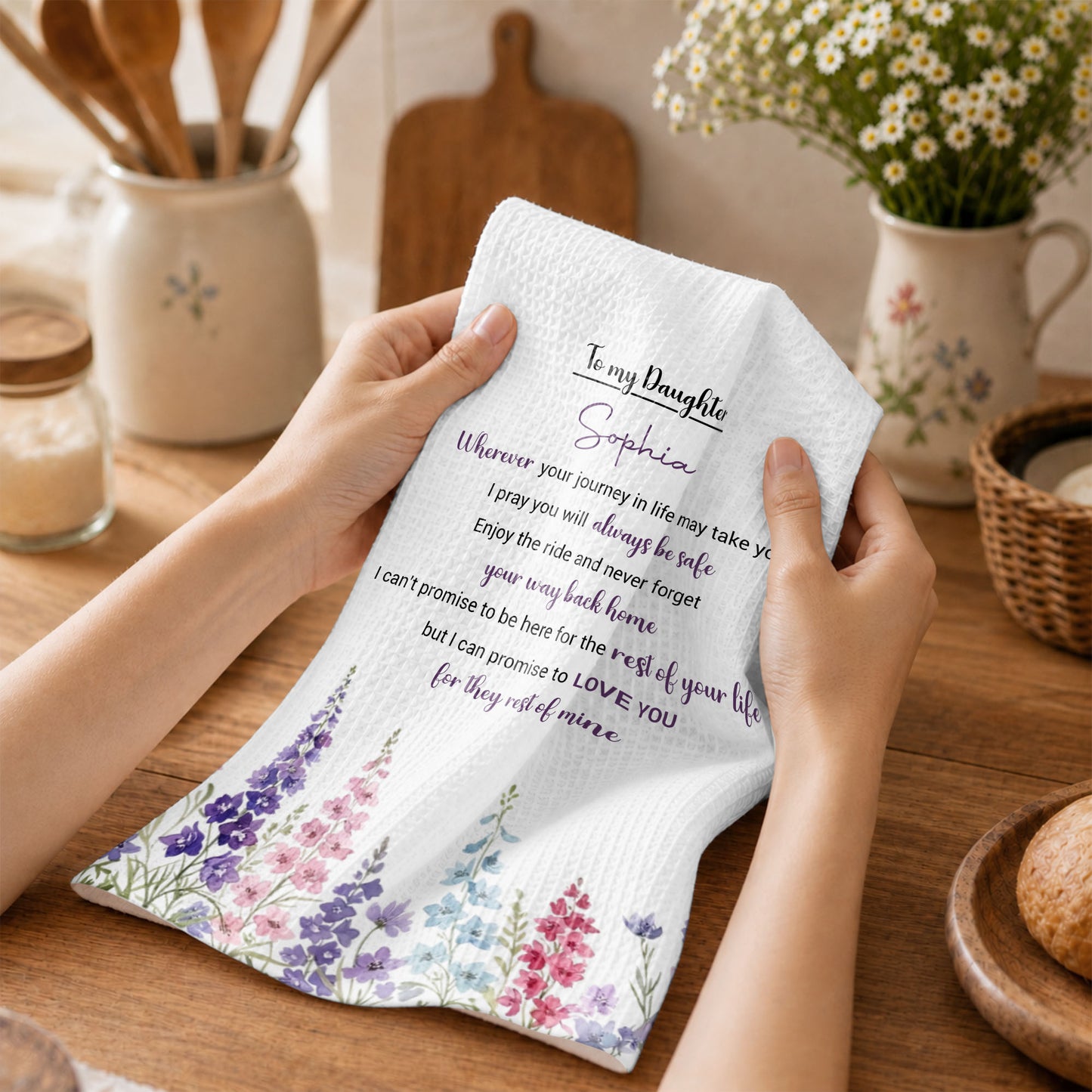 To My Daughter Wherever Your Journey Birth Flower - Personalized Kitchen Towel - DAU641_TOWL