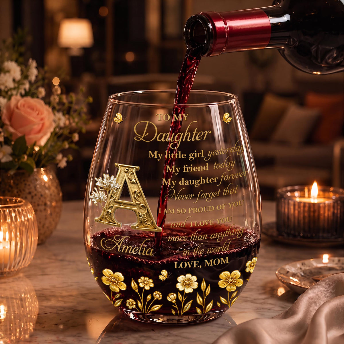 To My Daughter My Little Girl With Golden Alphabet Flowers - Personalized Stemless Wine Glass - DAU708_WIGL