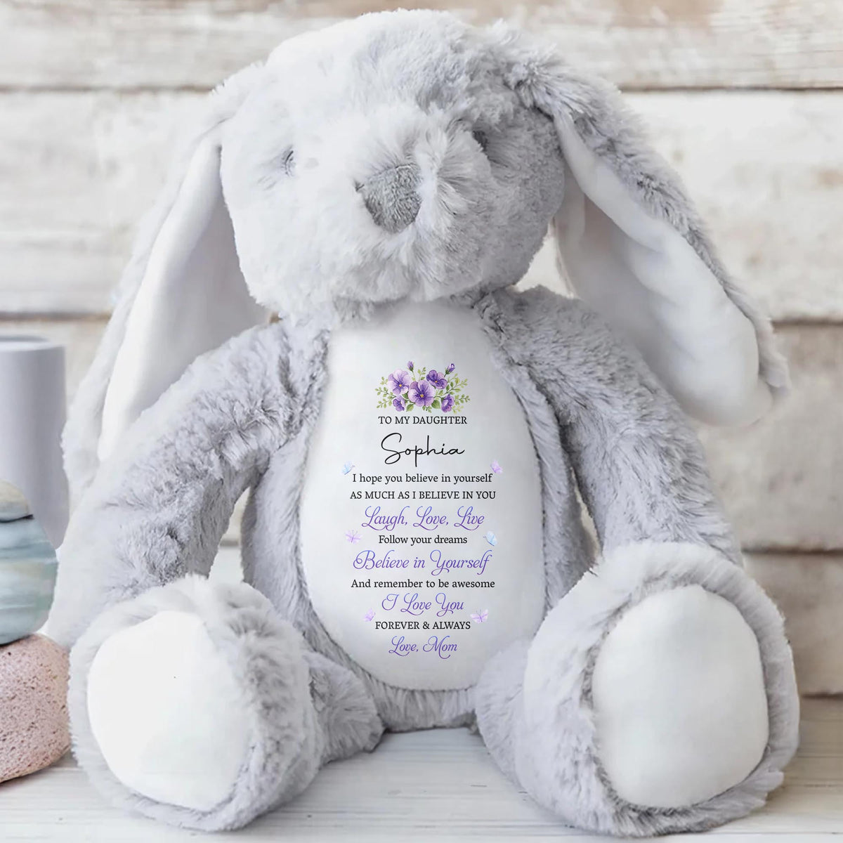 To My Daughter Believe In Yourself With Purple Flowers - Personalized Stuffed Bunny - DAU760_BUN
