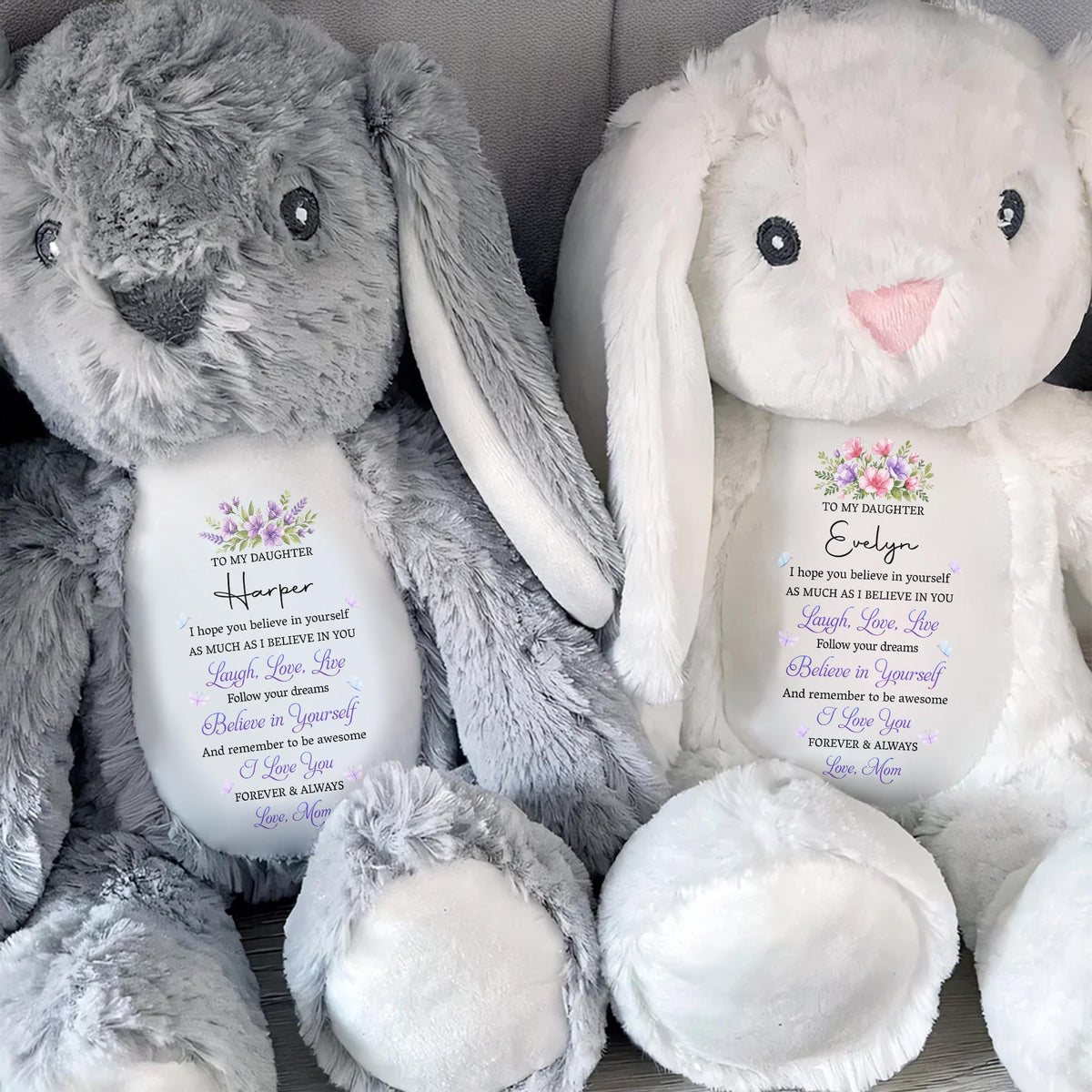 To My Daughter Believe In Yourself With Purple Flowers - Personalized Stuffed Bunny - DAU760_BUN