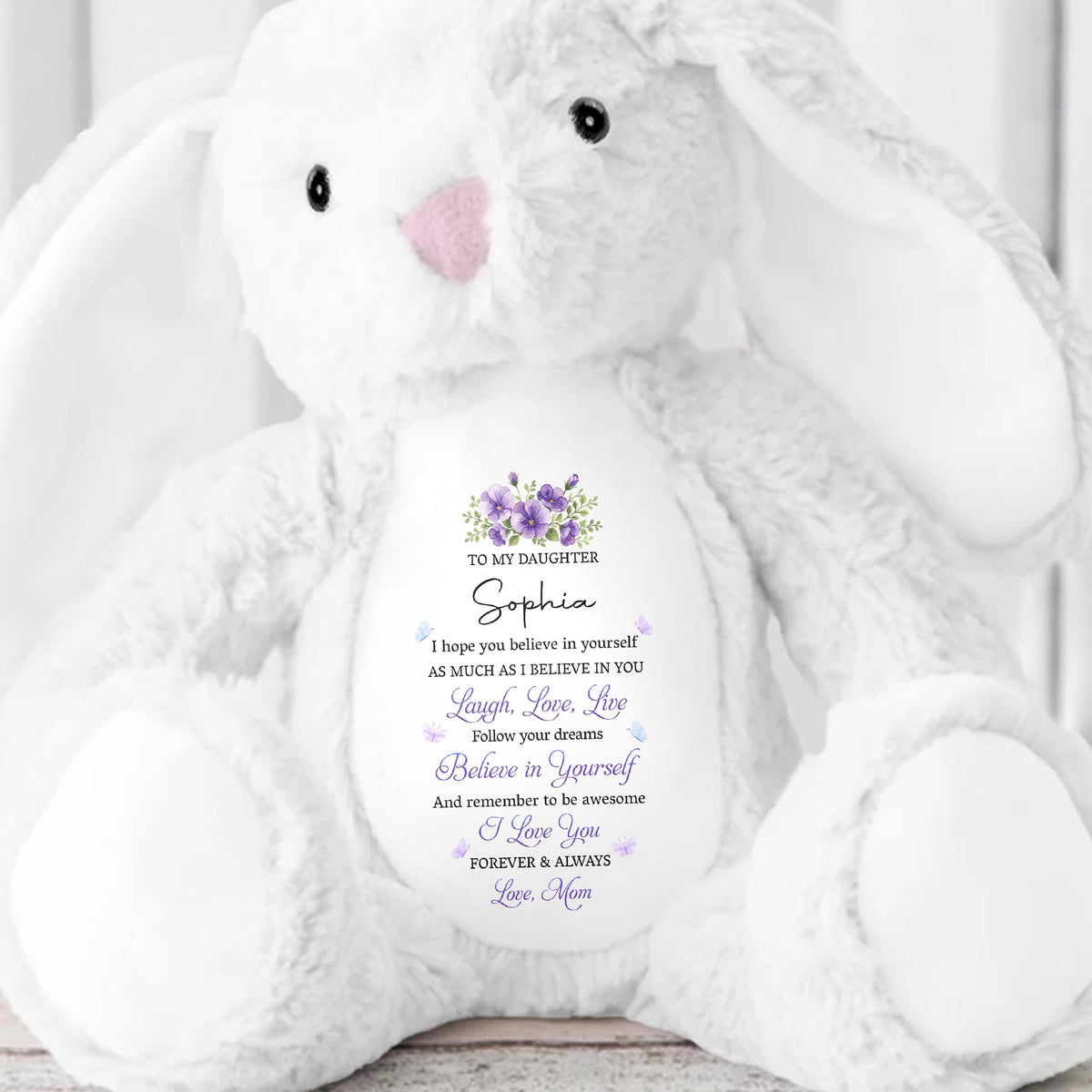 To My Daughter Believe In Yourself With Purple Flowers - Personalized Stuffed Bunny - DAU760_BUN