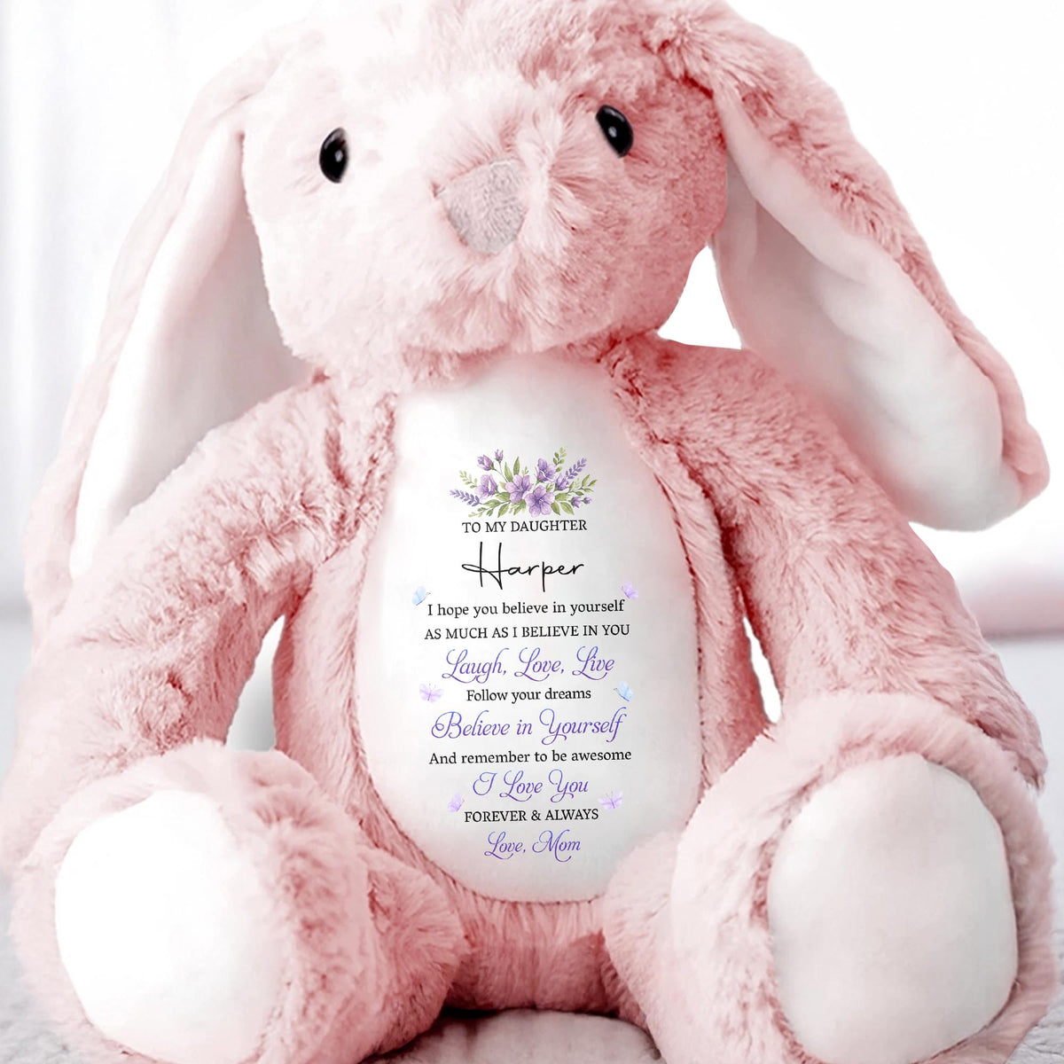 To My Daughter Believe In Yourself With Purple Flowers - Personalized Stuffed Bunny - DAU760_BUN