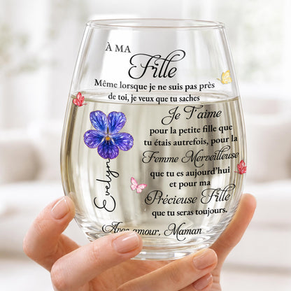 À Ma Fille French Daughter Gift With Red Flower And Butterflies - Personalized Stemless Wine Glass - DAU780_WIGL