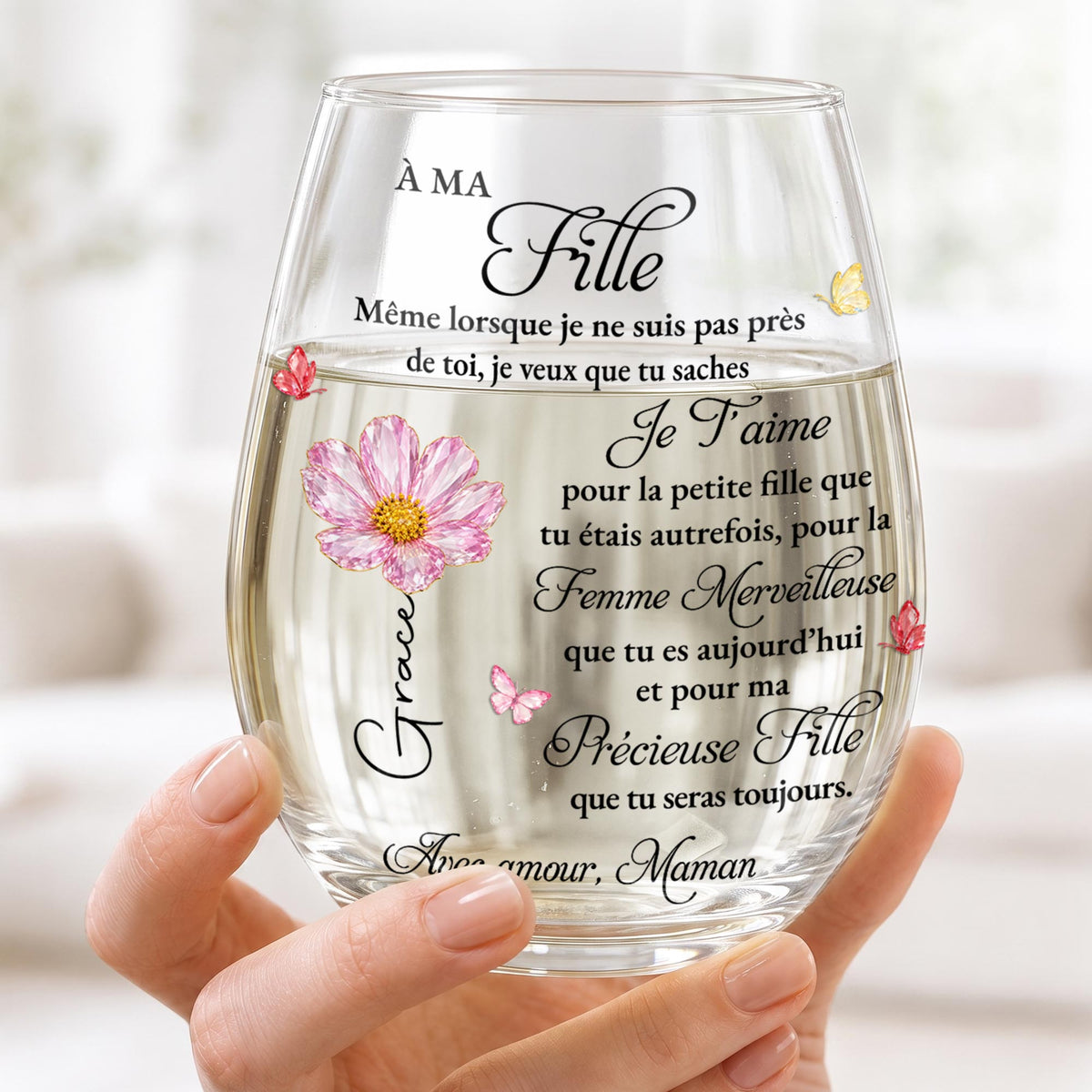 À Ma Fille French Daughter Gift With Red Flower And Butterflies - Personalized Stemless Wine Glass - DAU780_WIGL