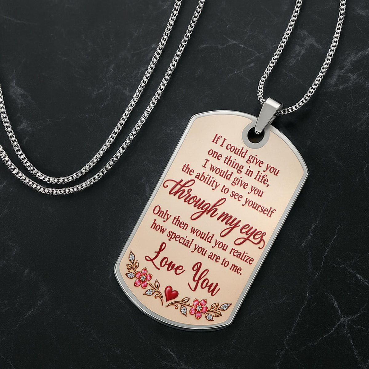 To My Daughter Holding Hands Through My Eyes Heart Flower Design - Personalized Custom Dog Tag Necklace - DAU813_DTNECK