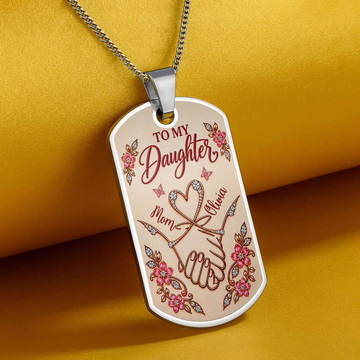 To My Daughter Holding Hands Through My Eyes Heart Flower Design - Personalized Custom Dog Tag Necklace - DAU813_DTNECK