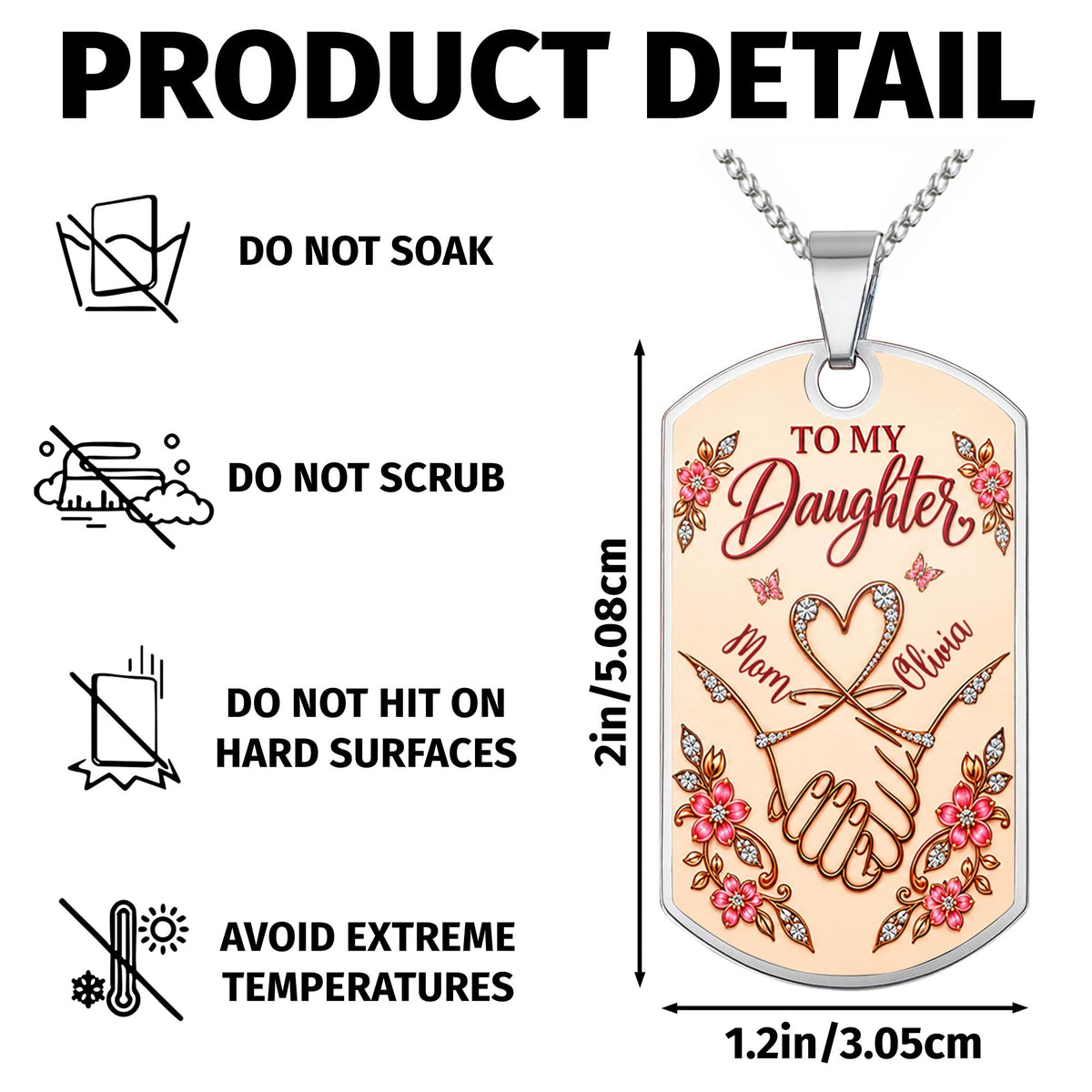 To My Daughter Holding Hands Through My Eyes Heart Flower Design - Personalized Custom Dog Tag Necklace - DAU813_DTNECK