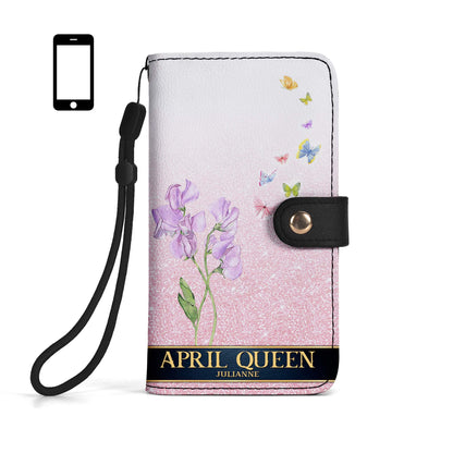 Cartera de cuero personalizada para teléfono con diseño de flores y mes de nacimiento - DG030_PW