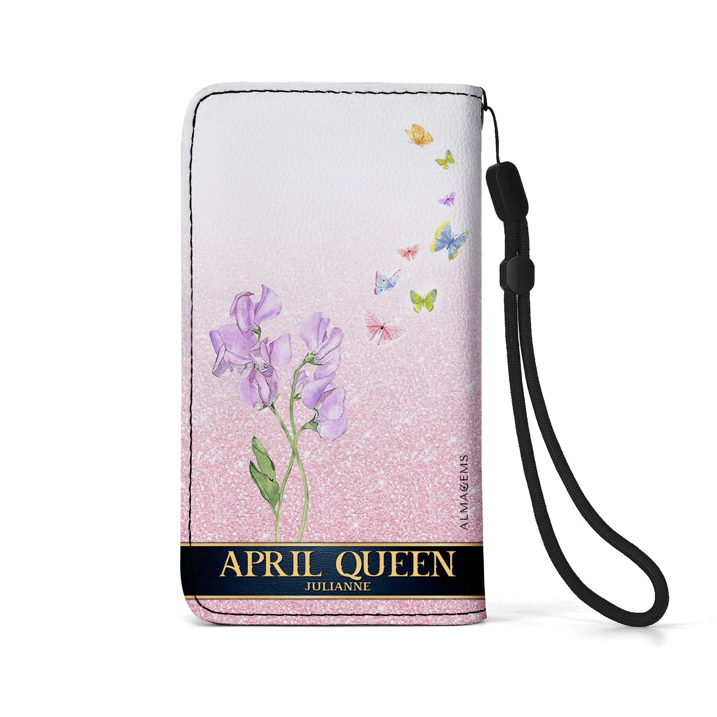 Cartera de cuero personalizada para teléfono con diseño de flores y mes de nacimiento - DG030_PW