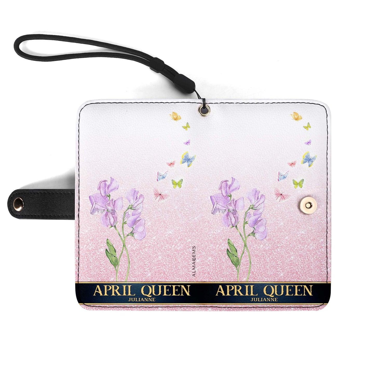 Cartera de cuero personalizada para teléfono con diseño de flores y mes de nacimiento - DG030_PW