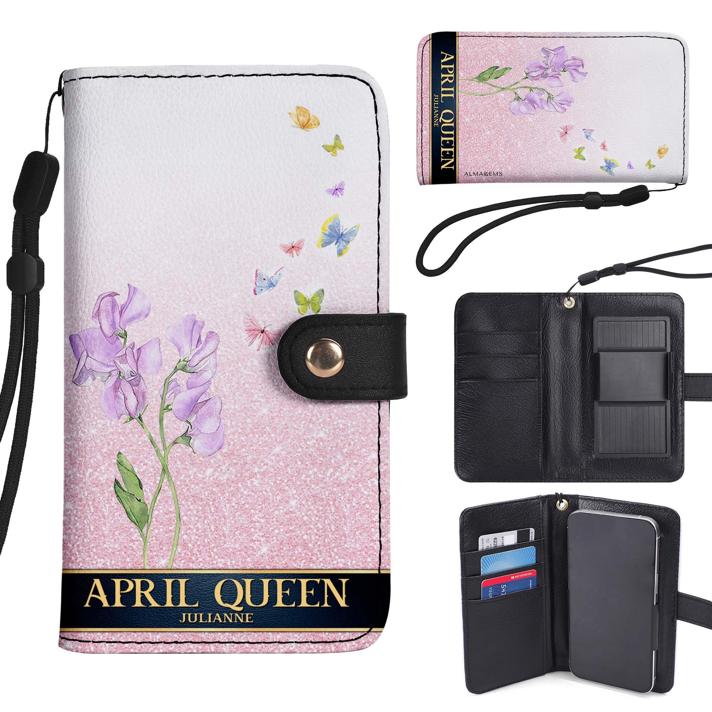 Cartera de cuero personalizada para teléfono con diseño de flores y mes de nacimiento - DG030_PW