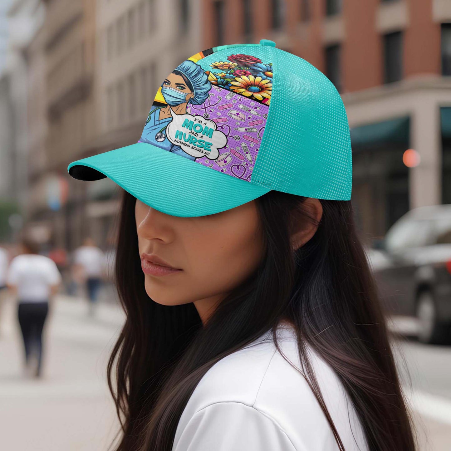 Soy mamá y enfermera: gorra de béisbol personalizada con estampado completo - DG058_BAC