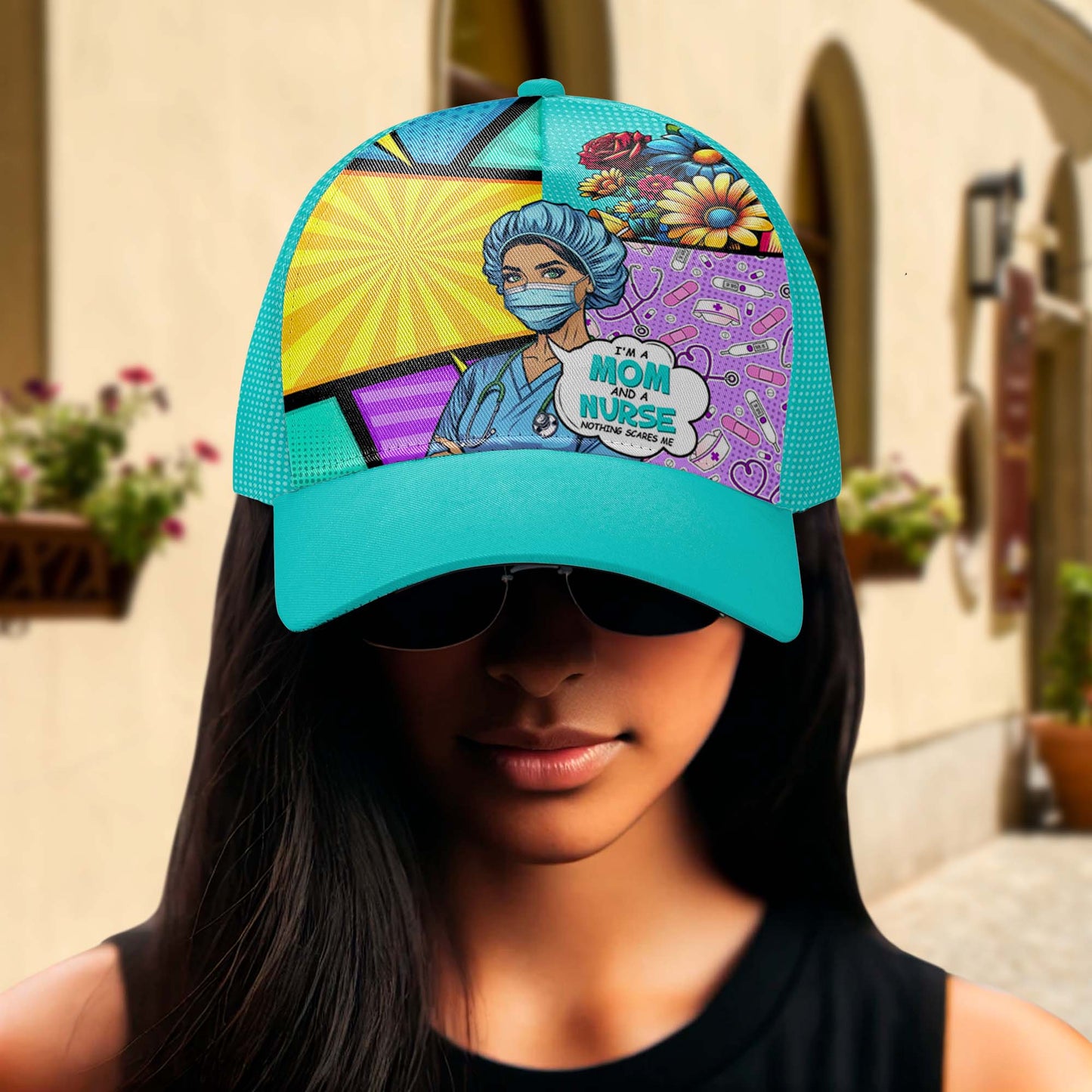 Soy mamá y enfermera: gorra de béisbol personalizada con estampado completo - DG058_BAC