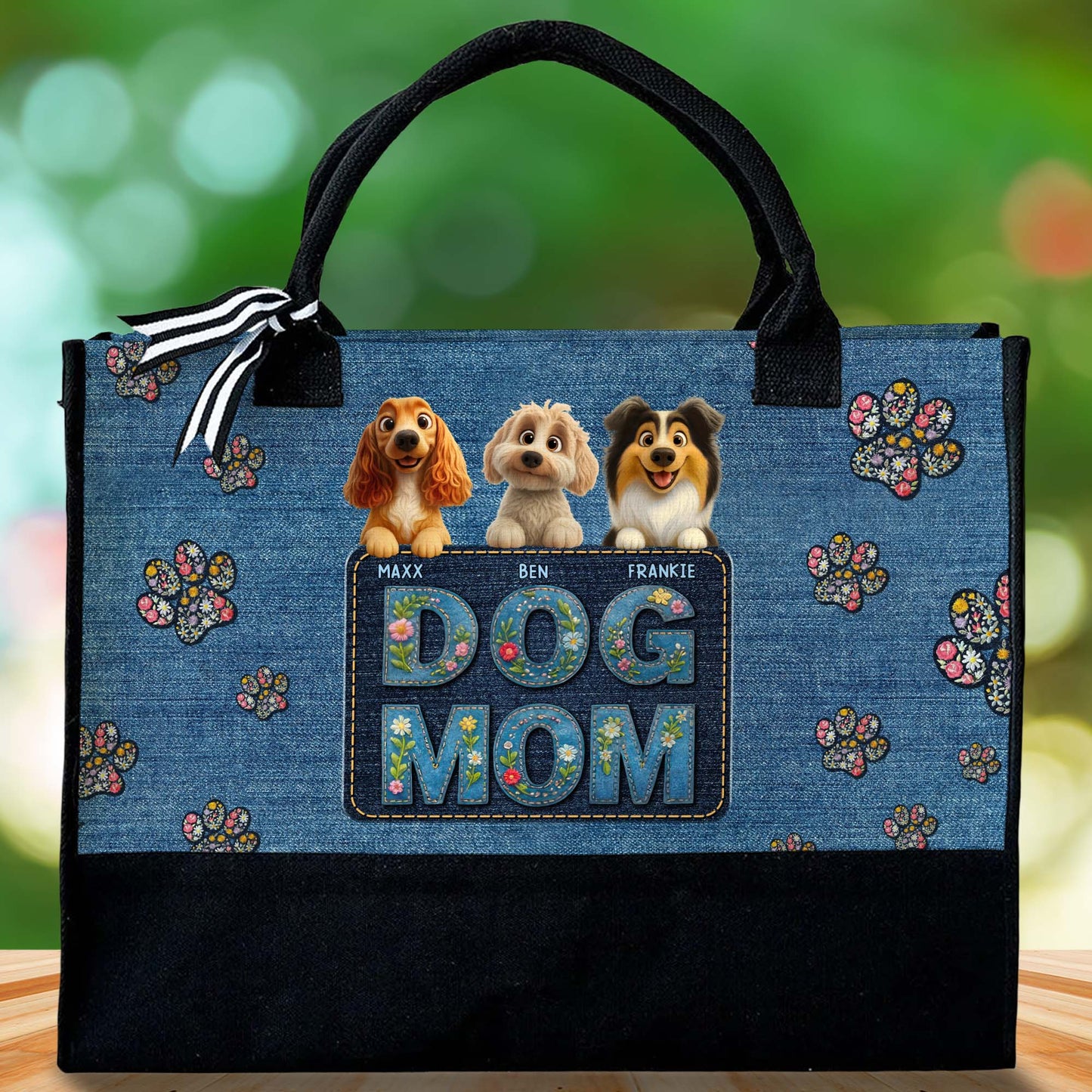 Dog Mom Canvas Tote With Paws And Floral Design