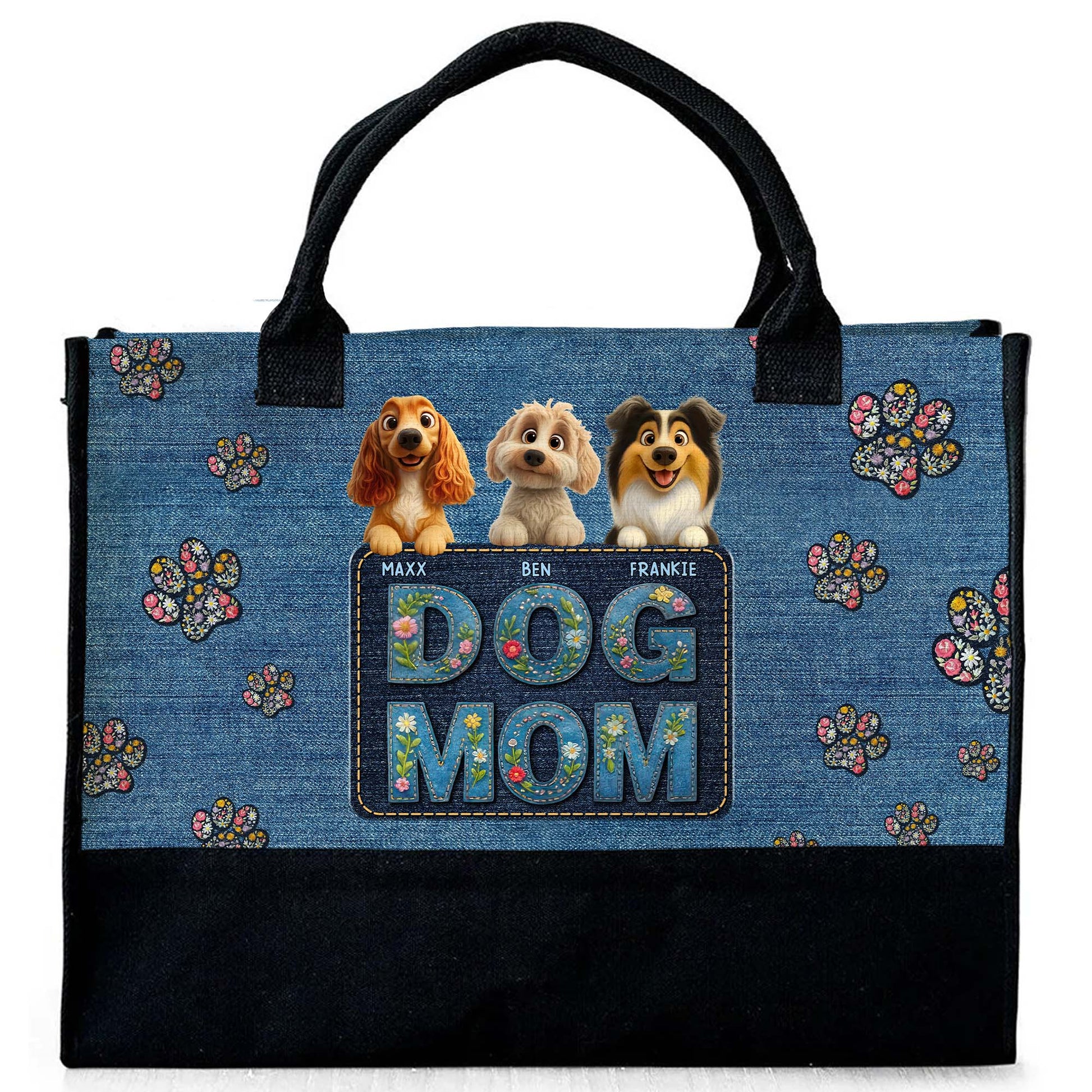 Dog Mom Canvas Tote With Paws And Floral Design