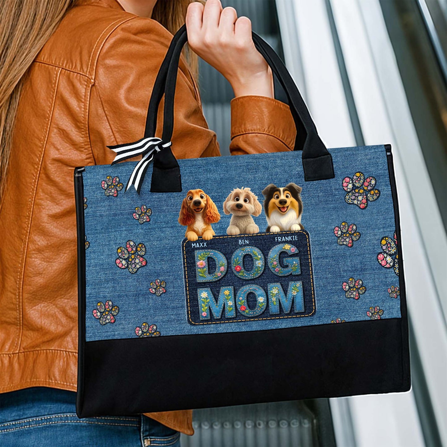 Dog Mom Canvas Tote With Paws And Floral Design