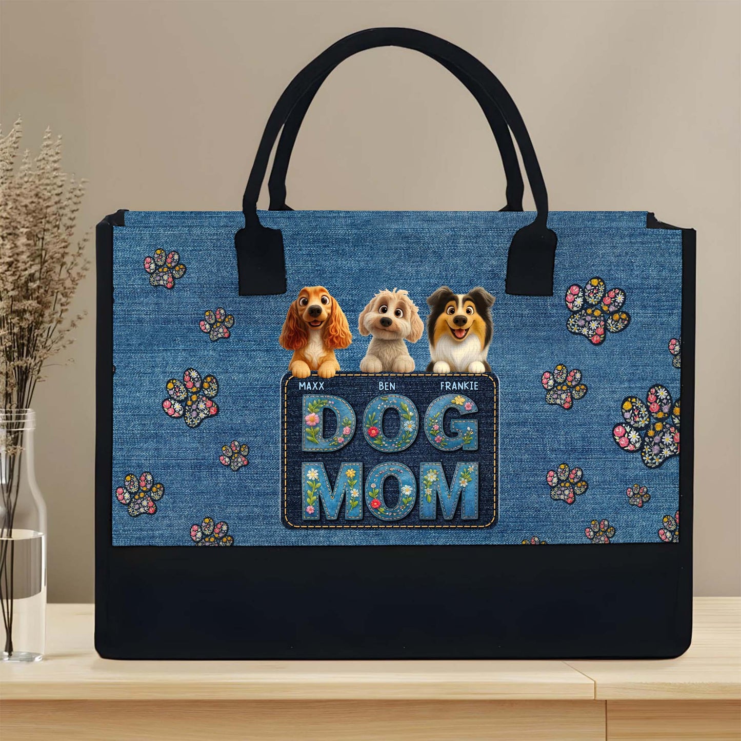 Dog Mom Canvas Tote With Paws And Floral Design