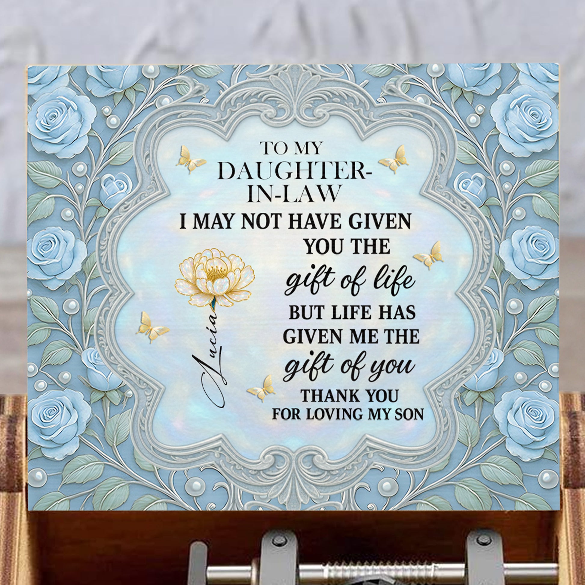 To My Daughter-In-Law, Blue Roses And Butterfly Heart Frame