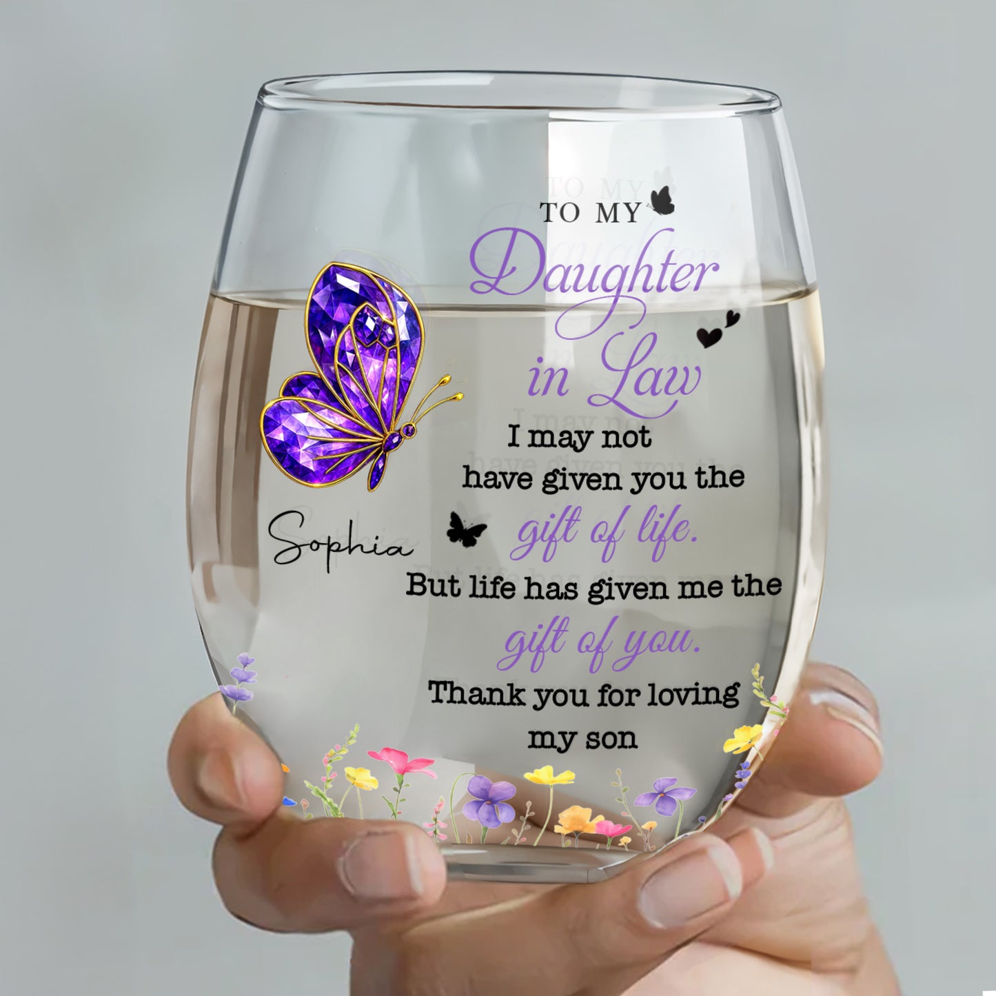 To My Daughter In Law Purple Butterfly And Flowers - Personalized Stemless Wine Glass - DILA051_WIGL